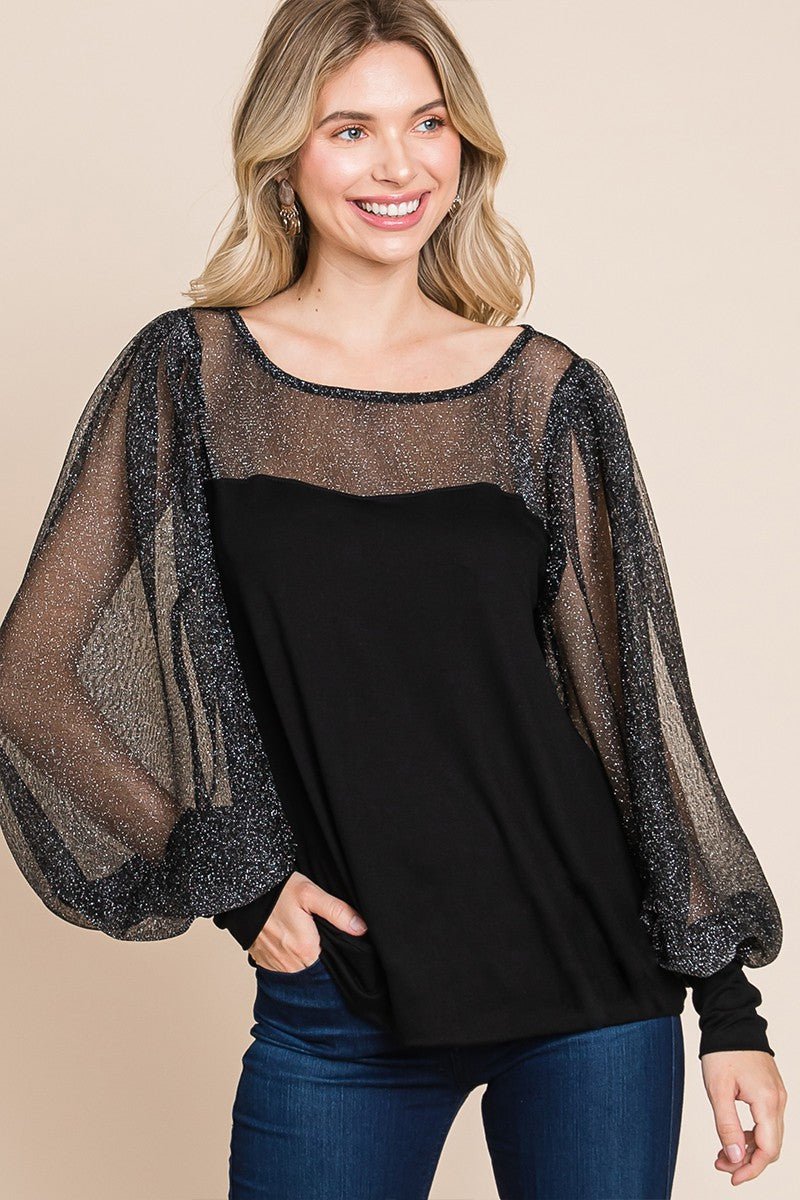 Super Lady Full Size Metallic Mesh Lantern Sleeve Blouse - Love Salve
